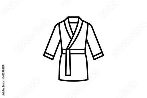Simple black and white illustration of a bathrobe with a sash tied around the waist on a white background silhouette