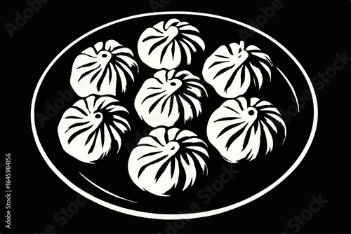 High-Contrast Tibetan Momo Dumplings Monochrome Vector Illustration