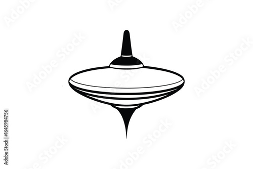 Simple black and white illustration of a spinning top toy on a plain white background silhouette