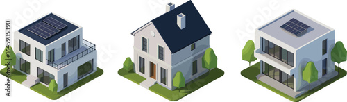 Isometric vector illustration of modern eco-friendly houses with solar panels, sustainable architecture, residential property, contemporary home design, real estate concept