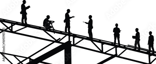 Construction workers on steel beams, teamwork, safety, industrial site, silhouettes, engineering, architecture, building framework, high-rise, structural integrity
