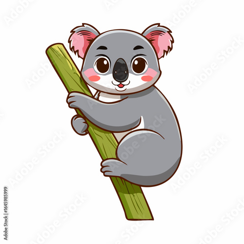 Cute cartoon koala clinging to a branch, cheerful expression.