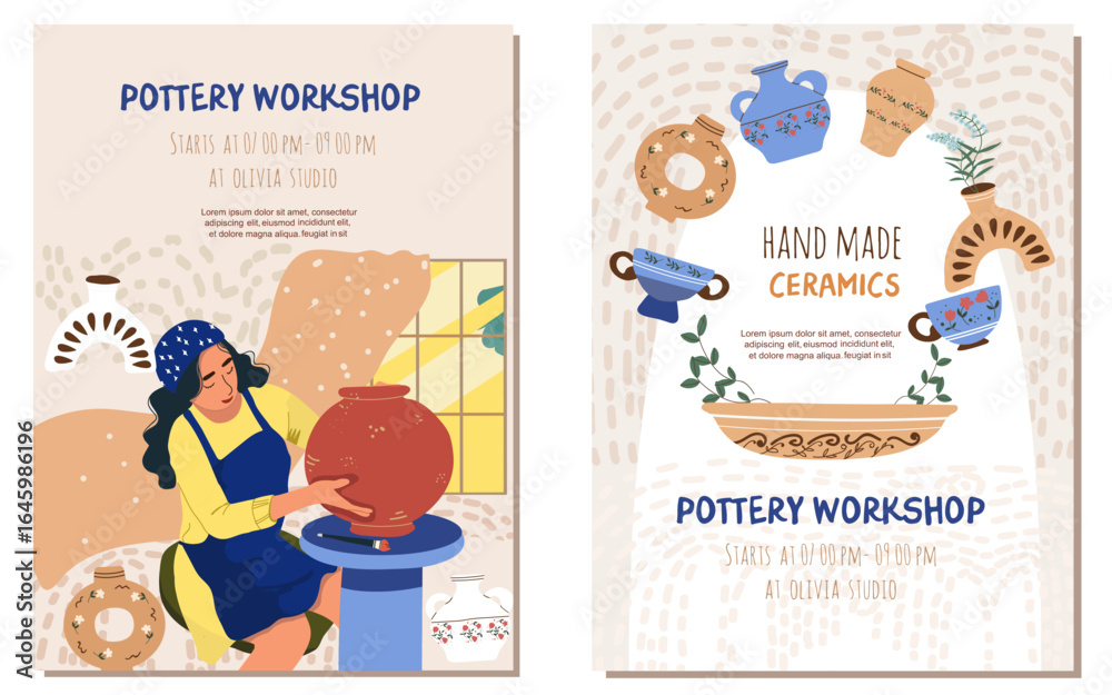 Obraz premium Pottery, workshop, ctramics flyer, cards set, in flat design. People in the creative process. Hand drawn vector illustration.