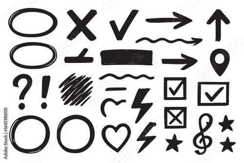 Artboard of black brush sketches with color accents