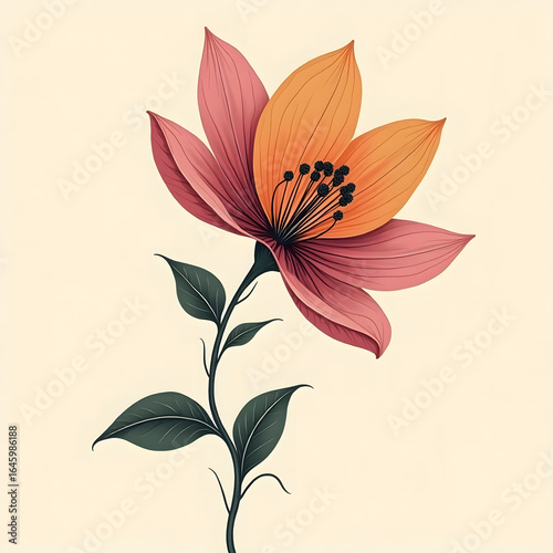 Vibrant Orange Pink Flower with Green Leaves on Beige Background