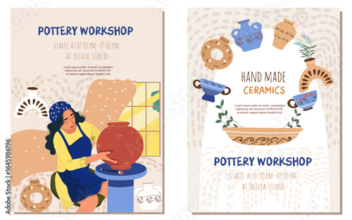 Pottery, workshop, ctramics flyer, cards set, in flat design. People in the creative process. Hand drawn vector illustration.