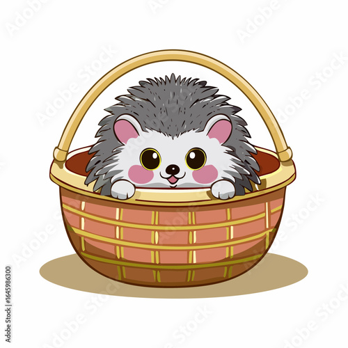 Adorable cartoon hedgehog peeking from a woven basket.
