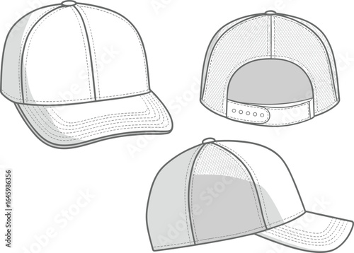 Vector flat sketch of unisex trucker baseball cap in three views, mesh back, snap closure, curved brim, black and white fashion accessory illustration