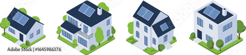 Isometric vector illustration of eco-friendly houses with rooftop solar panels, various modern home designs, sustainable energy, green environment, renewable electricity concept
