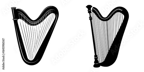 Harp designs showcasing traditional and modern styles with intricate details and varying shapes