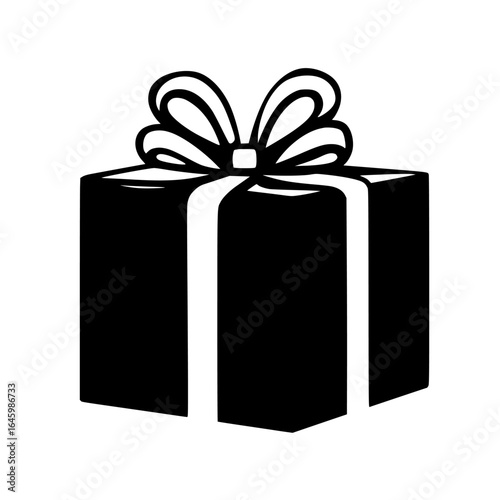 Decorative gift box with ribbon and bow in simple black-and-white style suitable for various occasions including birthdays and holidays