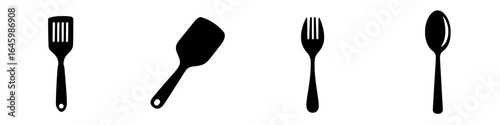 Kitchen utensils showcase featuring spatula, fork, and spoon in a minimalist design