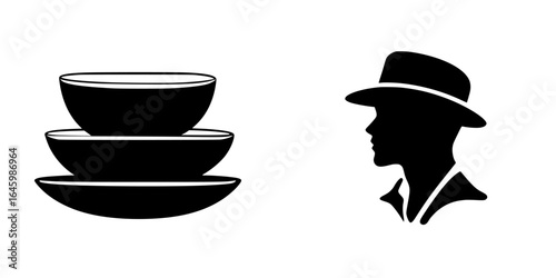 Balancing bowls and a stylish figure showcase creativity in design elements