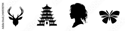Silhouettes of nature and culture represented by a deer, temple, woman, and flower in a minimalist design