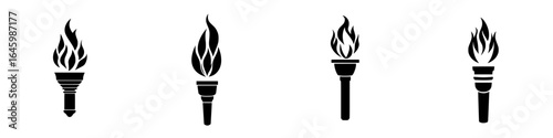 Different styles of torches displayed with flames in a minimalistic black and white design, showcasing various torch shapes and fire effects