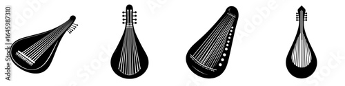 Various designs of traditional string instruments resembling the shape of a lute in artistic styles