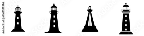 Silhouette collection of lighthouses at sunset highlighting coastal architecture and maritime navigation
