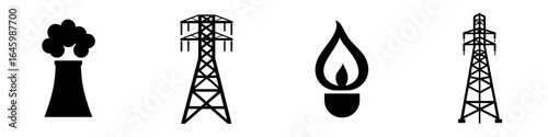 Symbols representing energy sources including nuclear, electricity, gas, and oil in a minimalist design