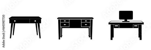 Various styles of modern desks displayed in a minimalist design context for office or home use