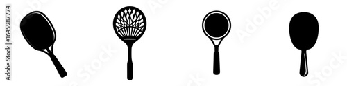 Assorted silhouette designs of paddles and rackets for various sports and activities on a plain background