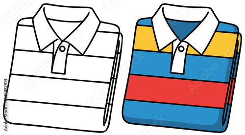 Folded polo shirt vector illustration showing black and white outline and fully colored version with horizontal stripes in yellow, blue, and red in flat cartoon style