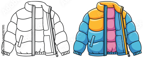 Puffer jacket vector illustration showing black and white outline and fully colored version of a bright winter coat with blue body, yellow shoulders, and pink quilted interior in a flat cartoon style