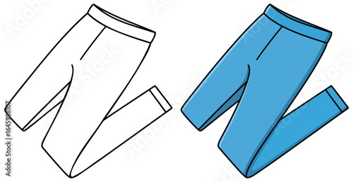 Kids leggings vector illustration showing black and white outline and fully colored version of folded blue stretchy pants in a soft cartoon style