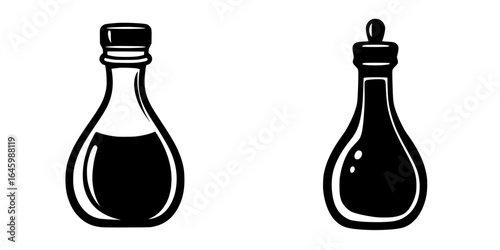 Bottles of different shapes containing dark liquids displayed on a simple background