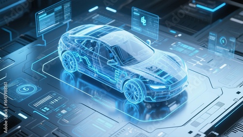 A futuristic holographic car design showcasing advanced digital interface and technology integration for modern transportation.