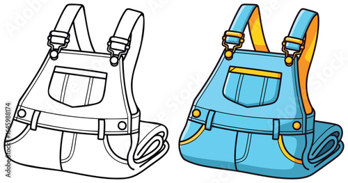 Kids overalls vector illustration showing black and white outline and fully colored version of folded denim dungarees with straps, front pocket, and contrast stitching