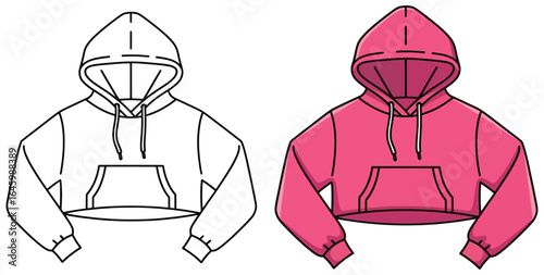 Hoodie vector illustration showing black and white outline and fully colored version of cropped pullover style with drawstring hood and front pocket