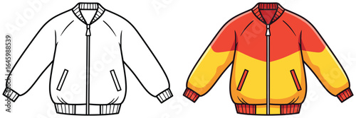 Bomber jacket vector illustration showing black and white outline and fully colored version of casual outerwear with ribbed cuffs and pockets