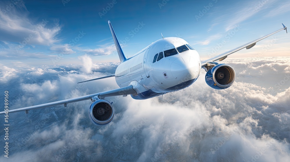 Obraz premium Commercial jetliner soaring through a vast expanse of fluffy clouds