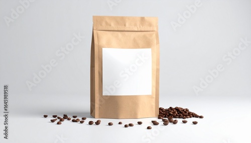 Brown paper bag, envelope, and white card with scattered coffee beans on light gray background, evoking coffee packaging theme.