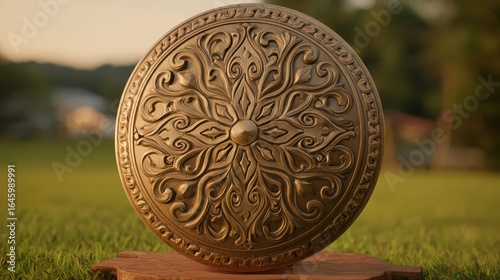 Ornate Decorative Shield with Intricate Design on Wooden Stand