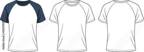 Cad drawing flat vector illustration, raglan sleeve t-shirt front and back view, men’s fashion flat sketch, technical clothing template, apparel design vector, casual sports shirt