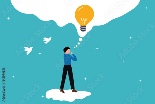 Positive thinking, Business, success idea, always get idea to solve any problems concept,unknown information or solution concept, happy businessman holding lightbulb idea with positive vibes.