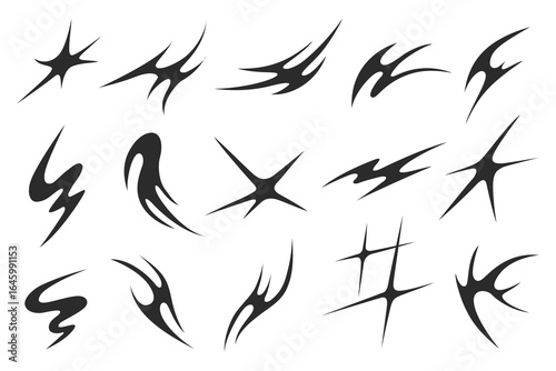 Set of black Y2K style abstract graphic elements with sharp edges