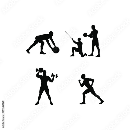 Silhouette of people doing fitness exercises isolated on white background, including weightlifting, squats, lunges, and other strength training activities