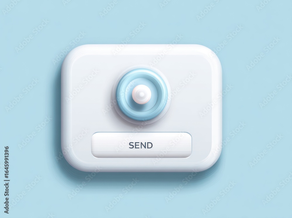 Fototapeta premium A minimalist, rounded-square button with a light blue, circular, three-dimensional element and the word 