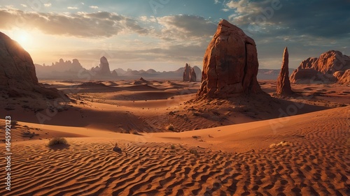 Sunlit Desert Landscape with Sand Dunes and Rock Formations