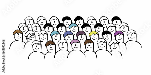 Illustration of a diverse group of people with various hair colors standing together in a crowd scene on transparent background