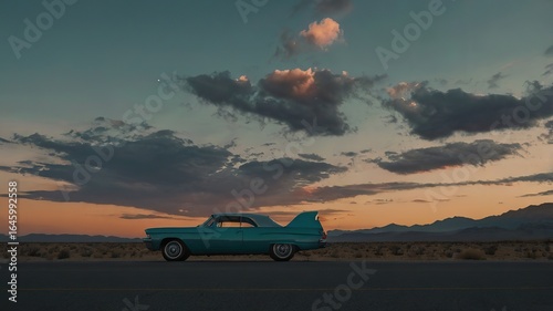 Classic Car Parked on Desert Road at Sunset