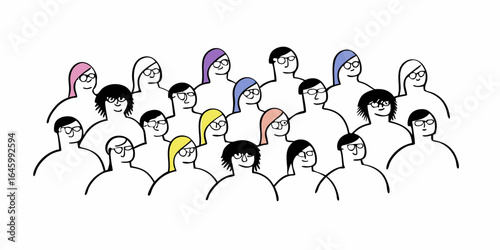 A crowd of simple cartoon people with different hair colors and glasses looking forward smiling softly on transparent background