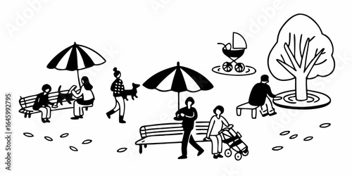 People enjoying a day in the park with dogs strollers and umbrellas in a black and white illustration on transparent background
