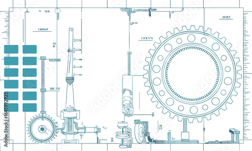 Cad drawing blueprint illustration, mechanical engineering diagram, machine parts, gear, technical schematic, mechanical assembly, industrial design, machinery technical drawing