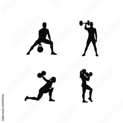 Silhouette of people exercising with weights, dumbbells, kettlebells, and barbells, showcasing fitness, strength, and healthy lifestyle isolated on white background