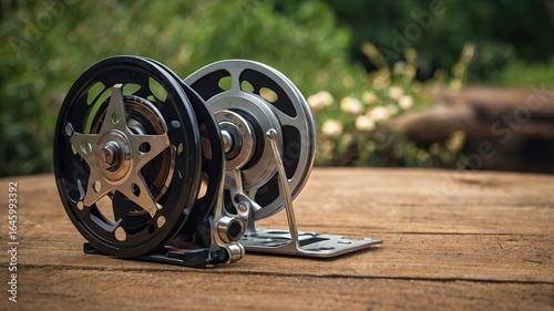 Pair of Fly Fishing Reels on Wooden Table Outdoors