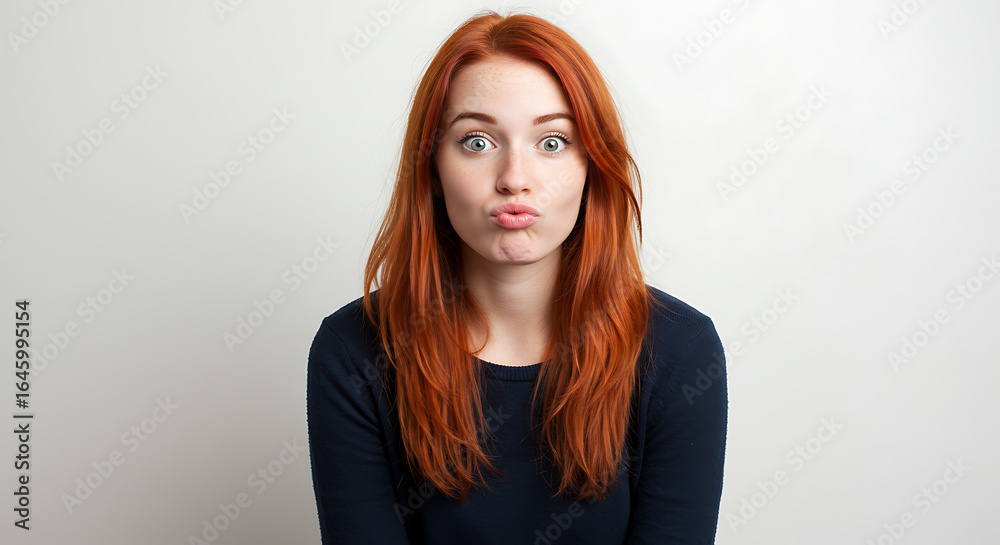 Fototapeta premium Woman pouting playfully, isolated background, flirty expression