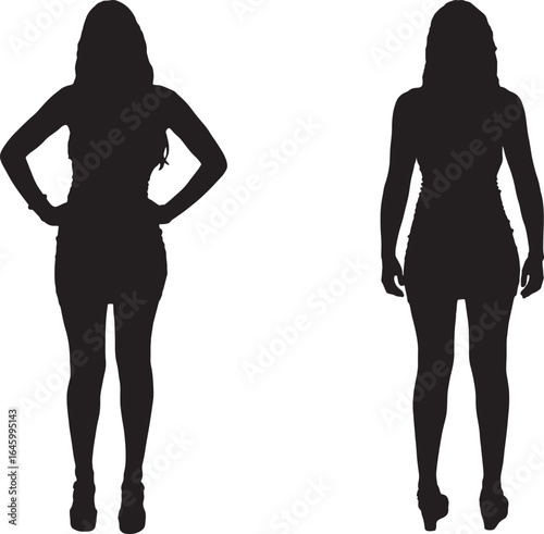 vector, silhouette of a front and back view of same teen girl with short dress standing